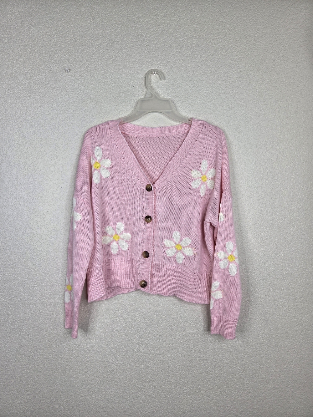 Pink Daisy V-Neck Button Cardigan Sweater Cottagecore